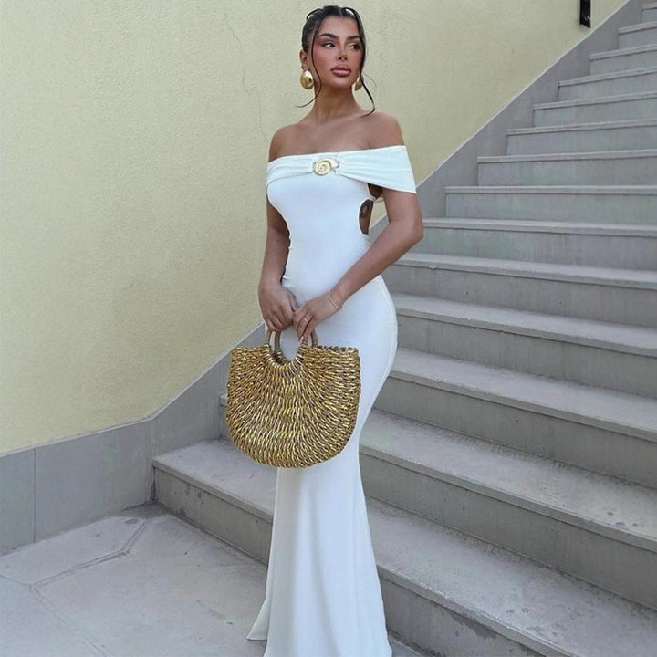 Dame Elegant Offshoulder Maxikjole med dekorativt Gulddetalje Skovae