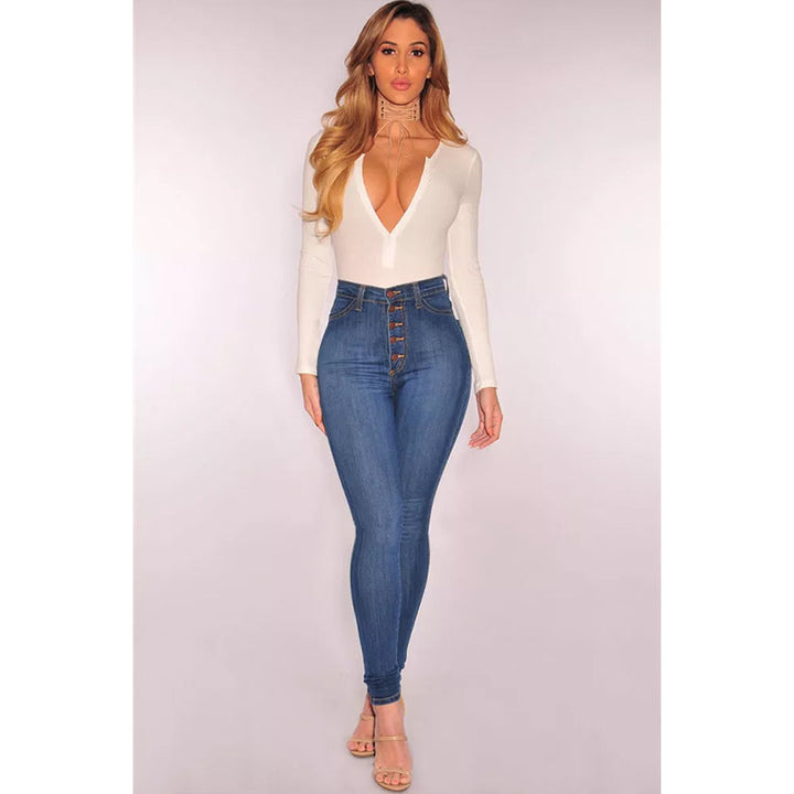 Dame Højtaljede Skinny Jeans med knaplukning og figursyet snit Stilla