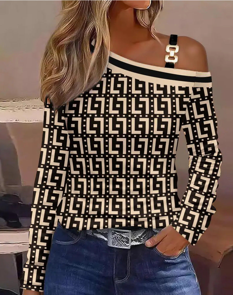 Dame Off-Shoulder Bluse med grafisk mønster og moderne bånddetaljer Stilla