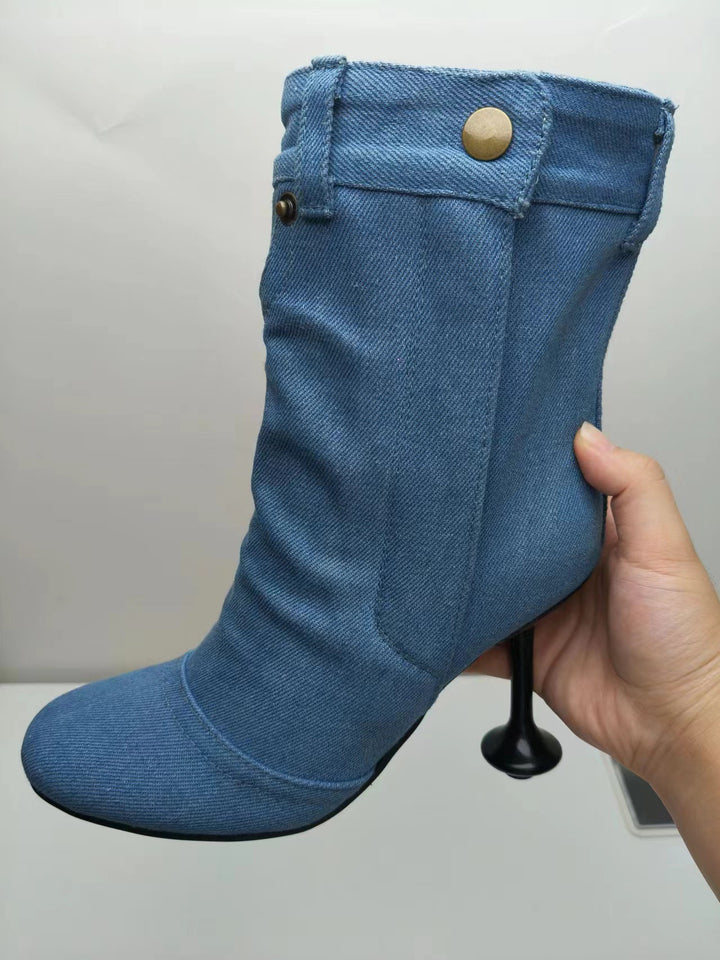 Dame High-Heel Denim Støvler med skulptureret hæl Stilla