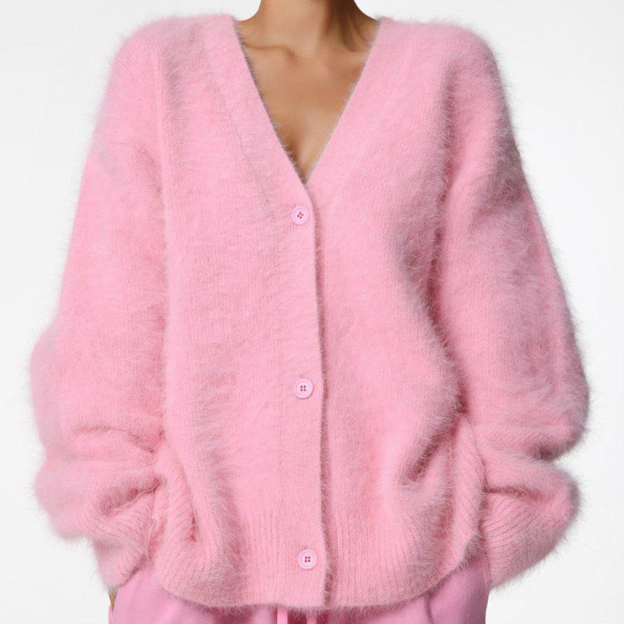 Kvinder Fluffy Cardigan med V-hals og knapdetalje Stilla