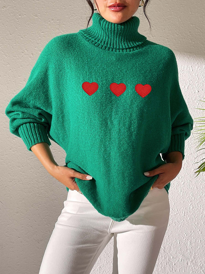 Dame Oversized Strikpullover med Rullekrave og Hjertemotiv Stilla