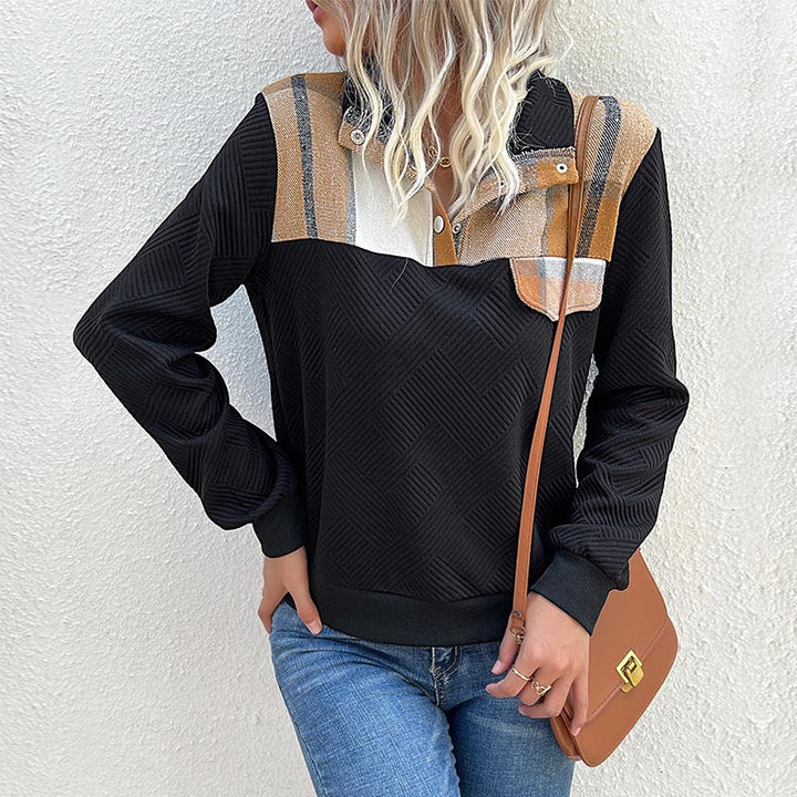 Dame afslappet sweater med moderne krave og dekorativt patch Stilla