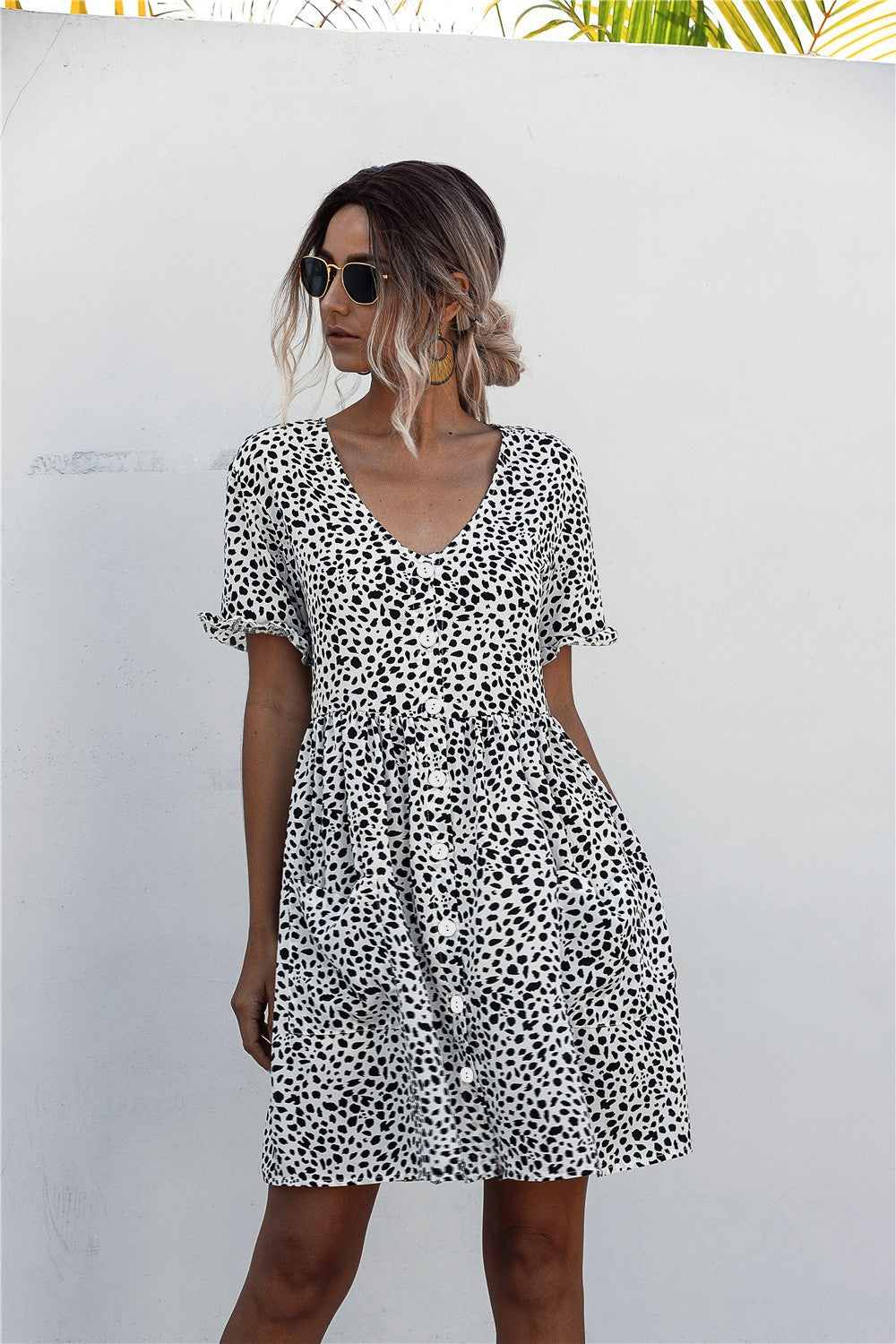 Dame Button-Up Kortærmet Kjole med Oversize Lommer Stilla