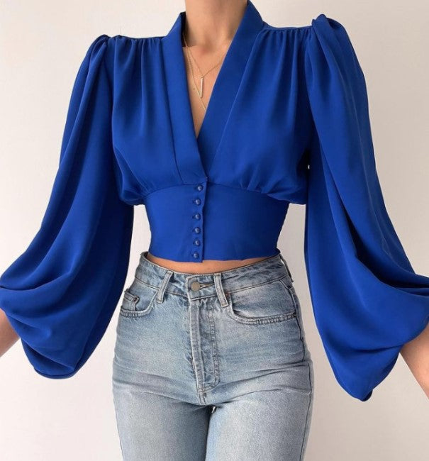 Stilla | Romantisk V-hals lanternemansjett bluse top