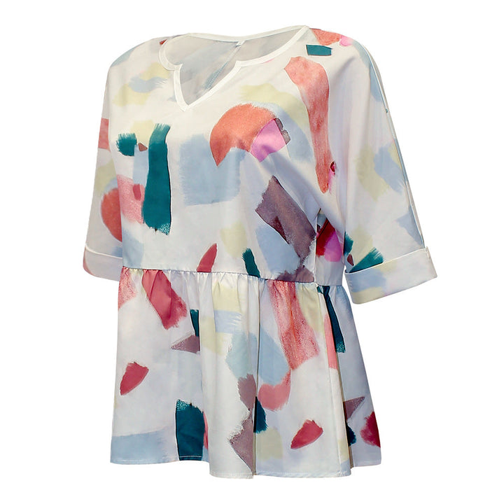 Stilla | Elegant V-hals 3/4 Ærme Plisseret Trykt Løs Bluse Top