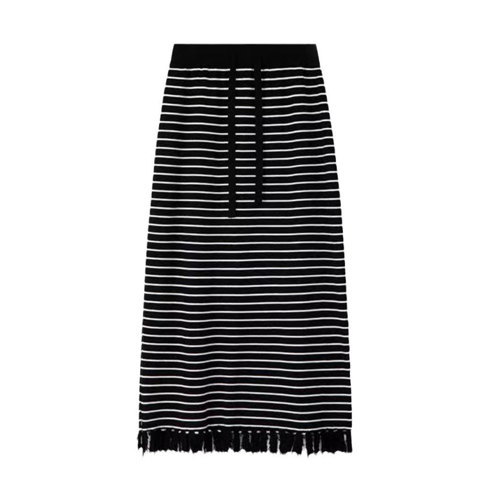 Femme Stillet Stribet Maxi Kjole med Frynse-Søm Stilla