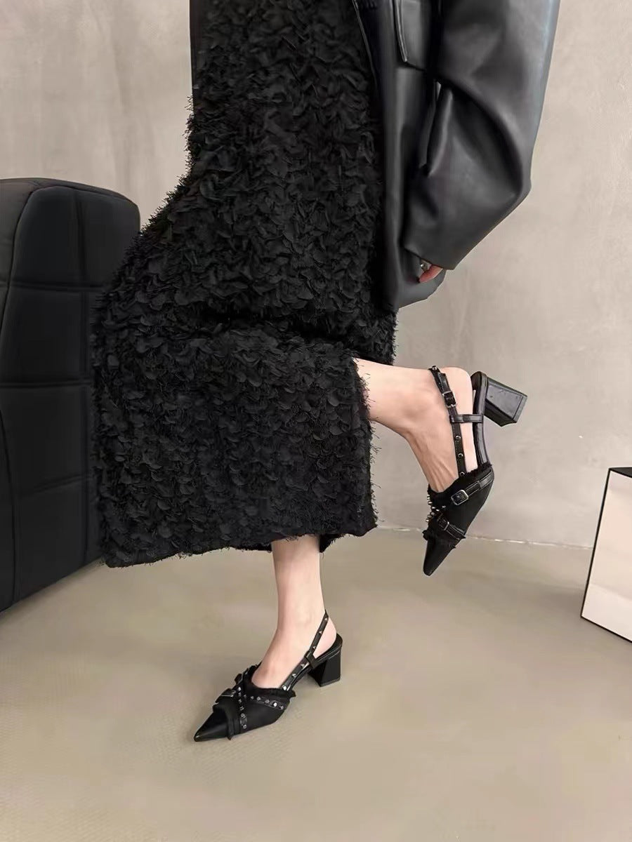 Dame Elegant Spidsed Tå Slingback Pumps med Blokhæl Stilla