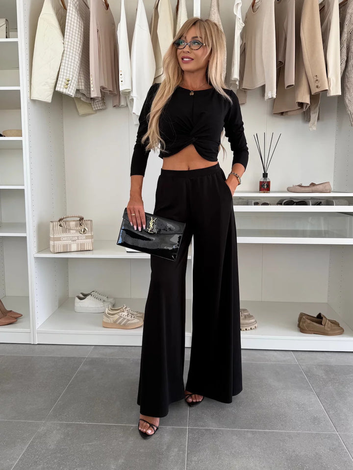 Dame moderne og elegante fritids-sæt med afslappet cropped-top og vide bukser Stilla