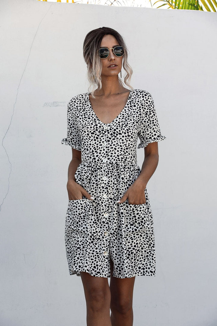 Dame Button-Up Kortærmet Kjole med Oversize Lommer Stilla