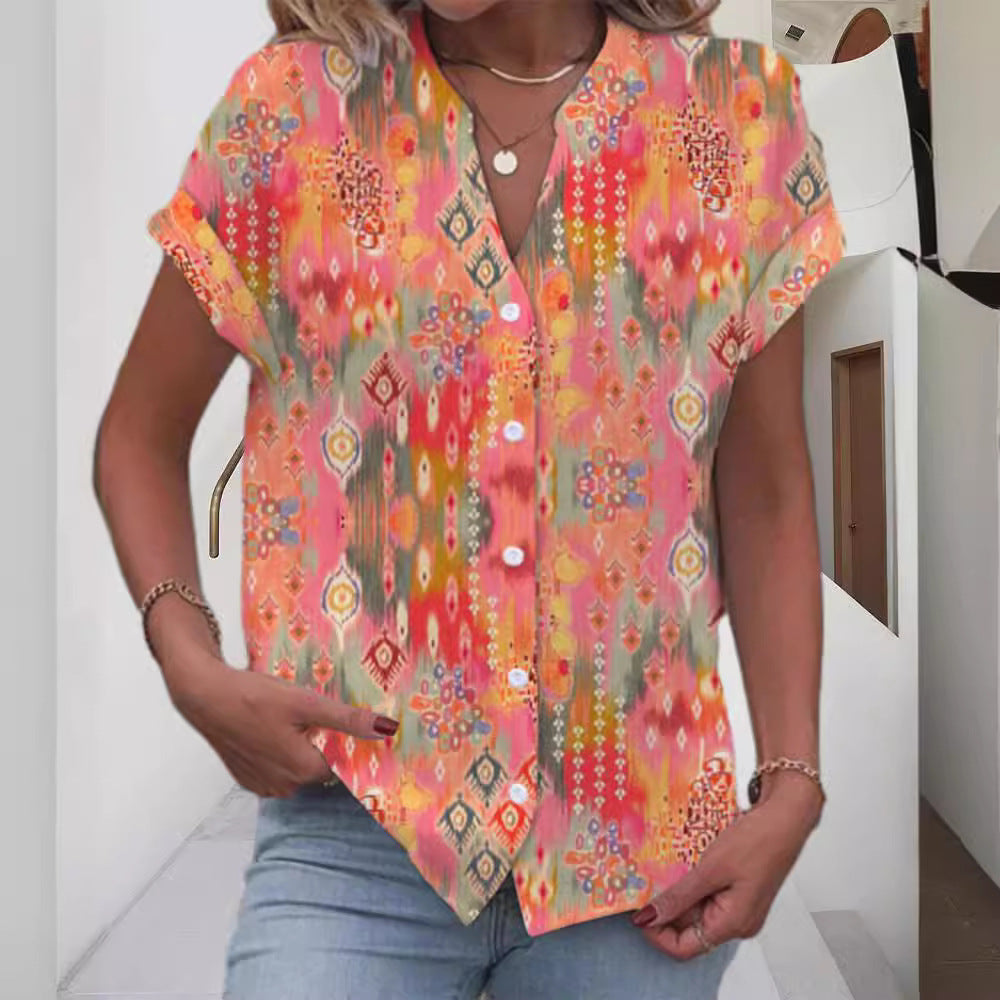 Dame kortærmet bluse med kunstnerisk Ikat-design Stilla