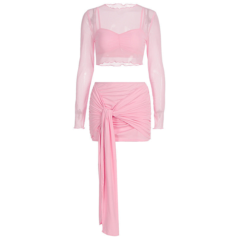 Dame Crop Top og Nederdel Sæt med mode Folds Elementer Skovae