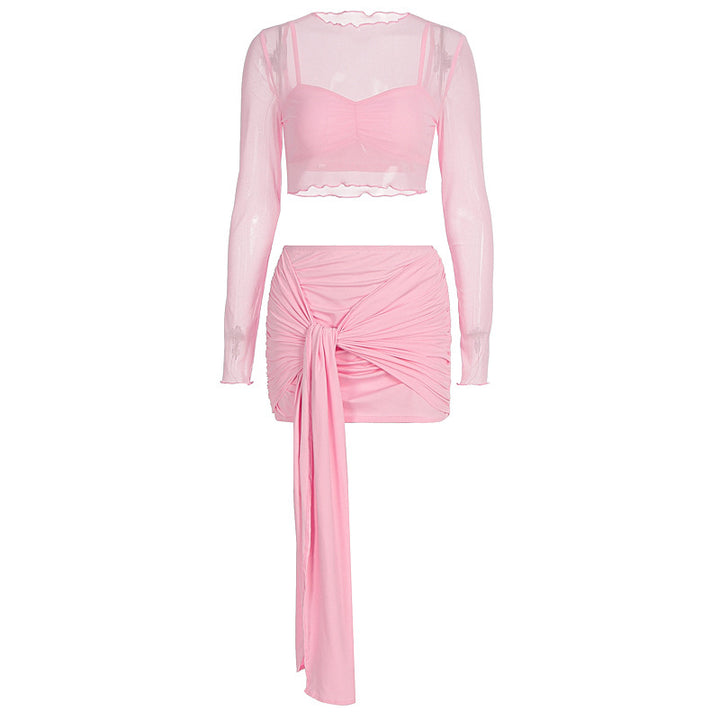 Dame Crop Top og Nederdel Sæt med mode Folds Elementer Skovae