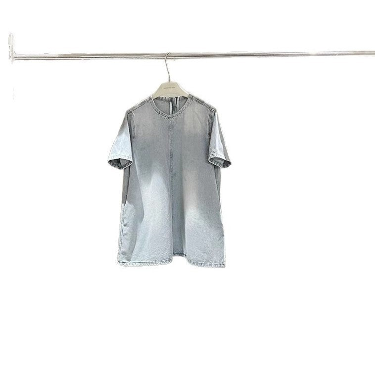 Dame afslappet denim-overdel med rund halsudskæring og korte ærmer Stilla