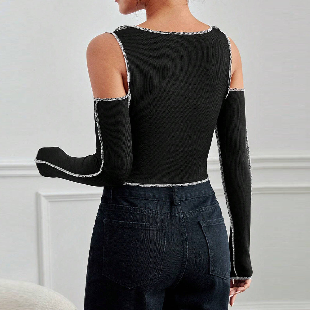 Kvindernes cropped langærmet skjorte med udskårne detaljer og fashionable kontrast Stilla
