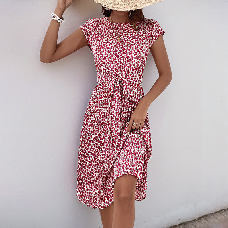 Dame Floral Print Midi Kjole med justerbar Talje Snor Stilla