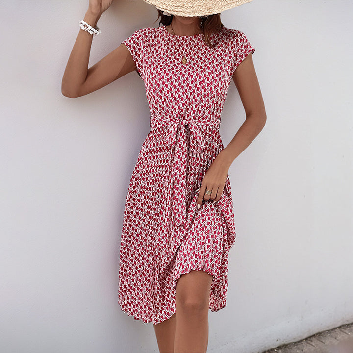 Dame Floral Print Midi Kjole med justerbar Talje Snor Stilla