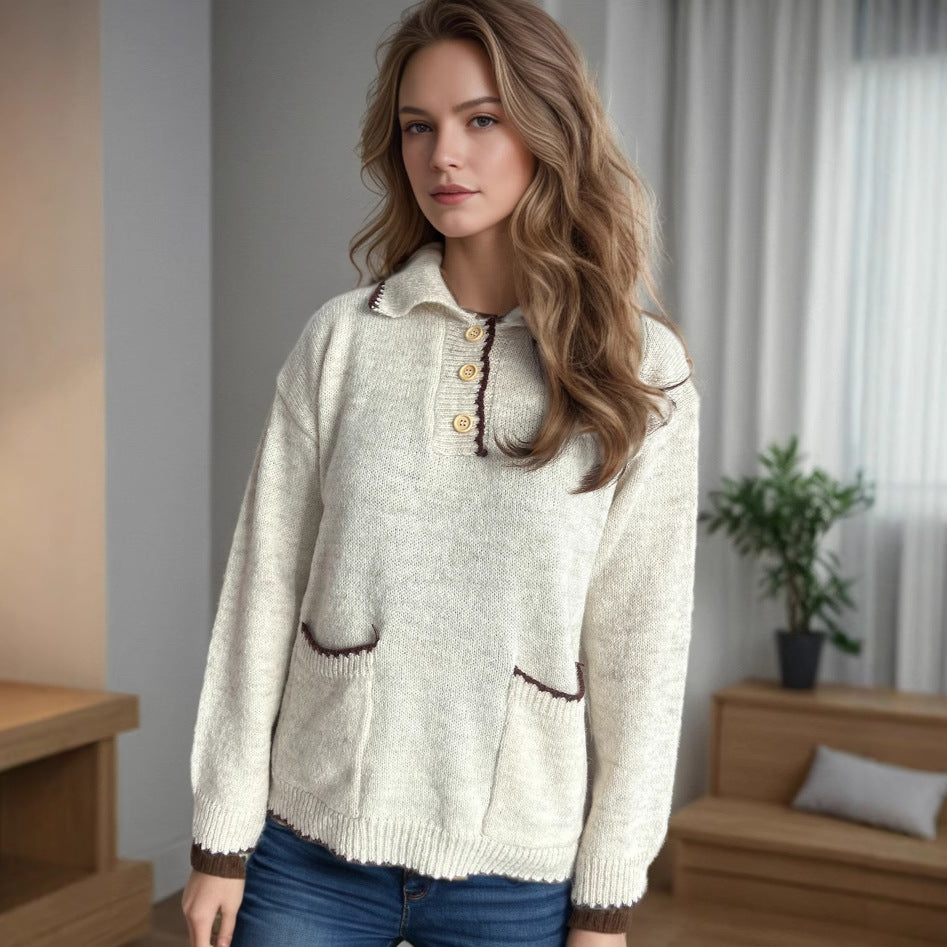 Kvinders afslappede strikket sweater med knaplukning og påsynede lommer Stilla