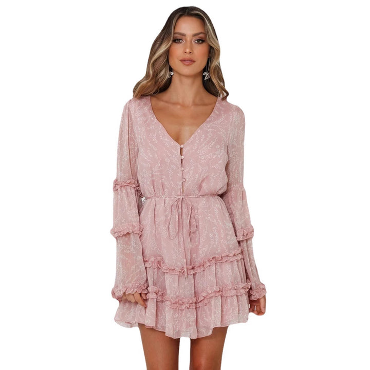Women's ruffled dress with long, transparent sleeve and tie belt Skovae