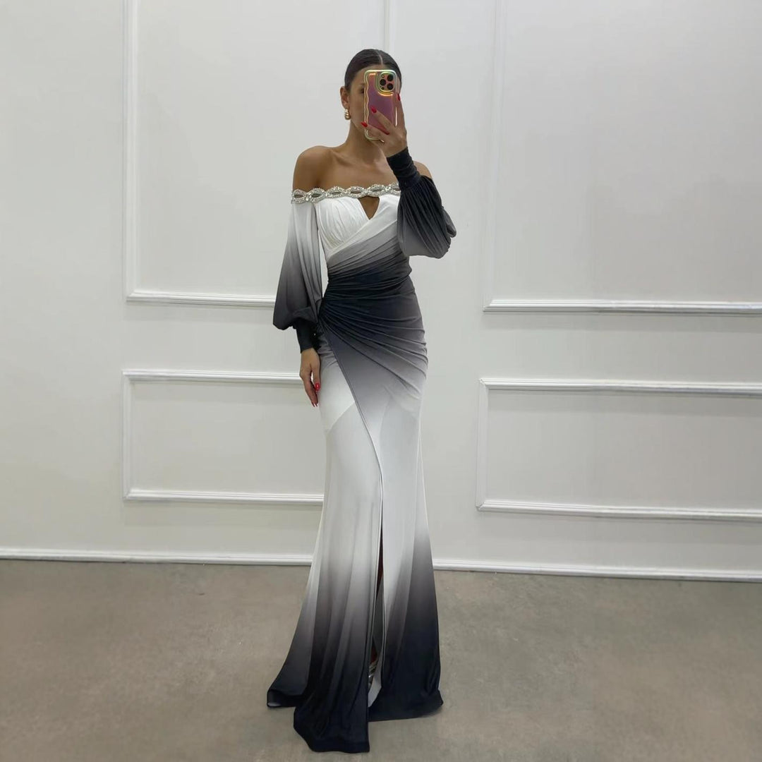 Kvinders Off-Shoulder Maxi Kjole med Elegant Drapering og Glitrende Accenter Skovae