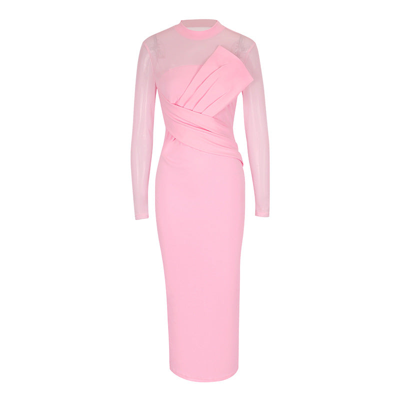 Dame Elegant Langærmet Midi-Kjole med raffineret drapering og figursyet silhuet Skovae