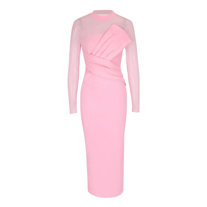 Dame Elegant Langærmet Midi-Kjole med raffineret drapering og figursyet silhuet Skovae