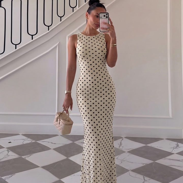 Dame Elegant Maxi Kjole med Prikkedesign og Figurtilpasset Snit Skovae
