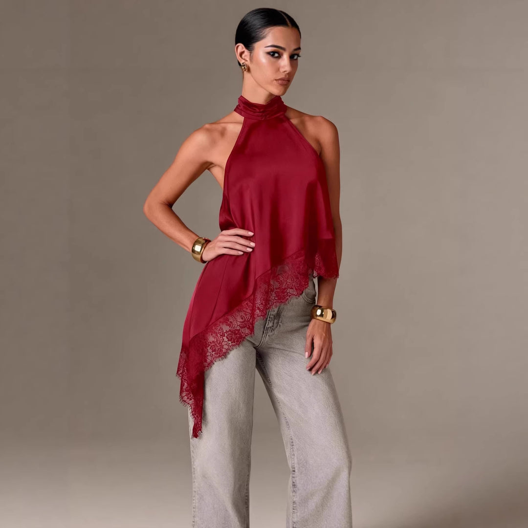 Damer luftig chiffon-top med elegant spidsudsmykning Skovae