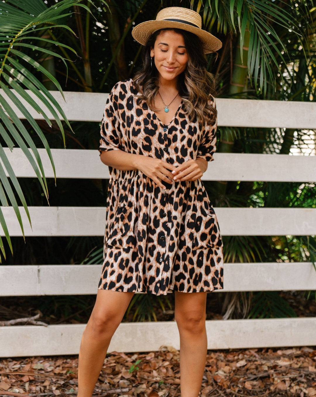 Women’s animal print shirt dress with short sleeves and button placket Skovae
