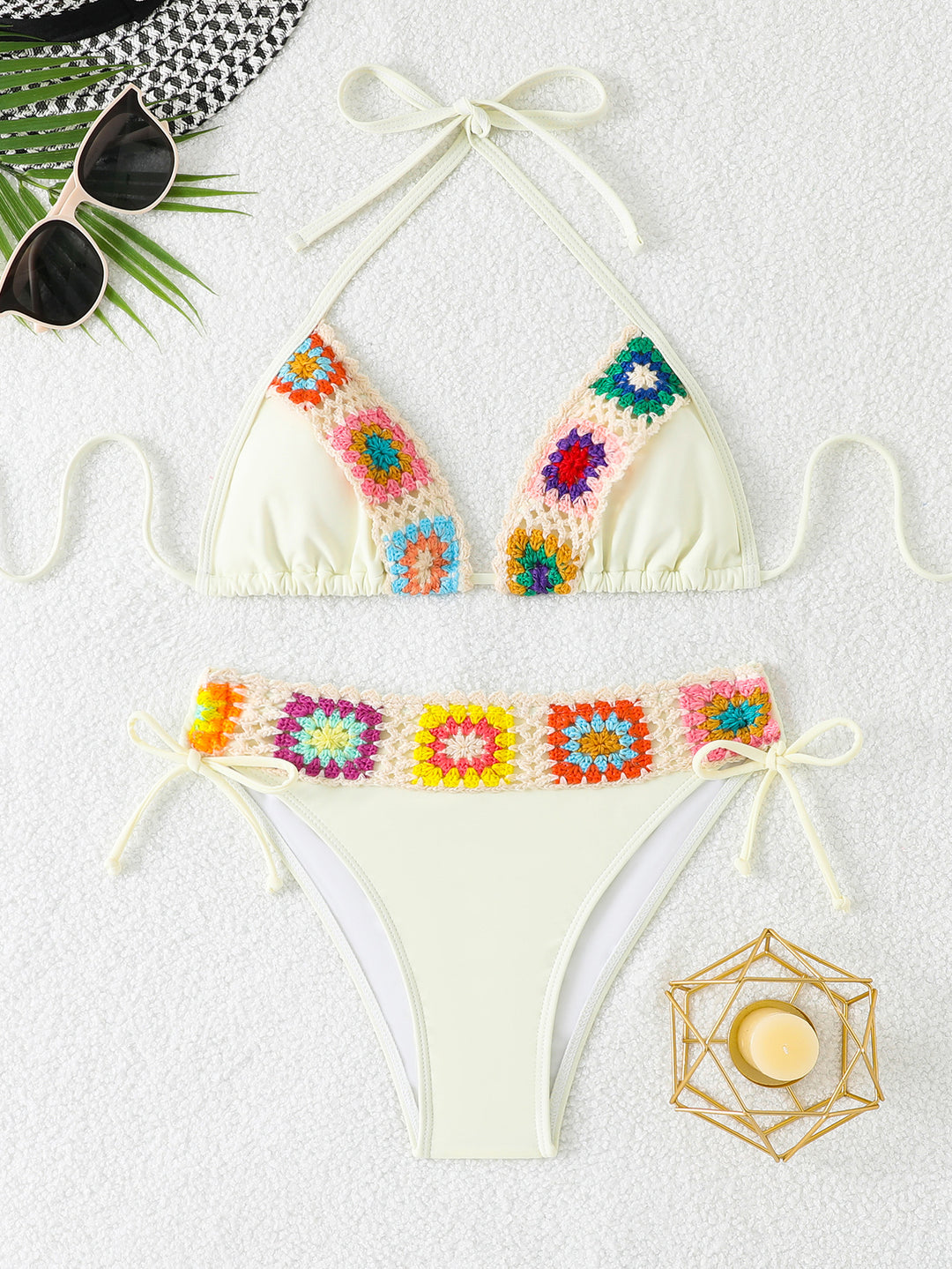 Dame Triangel-Bikini med hæklede blomsterdesign og justerbare stropper Stilla
