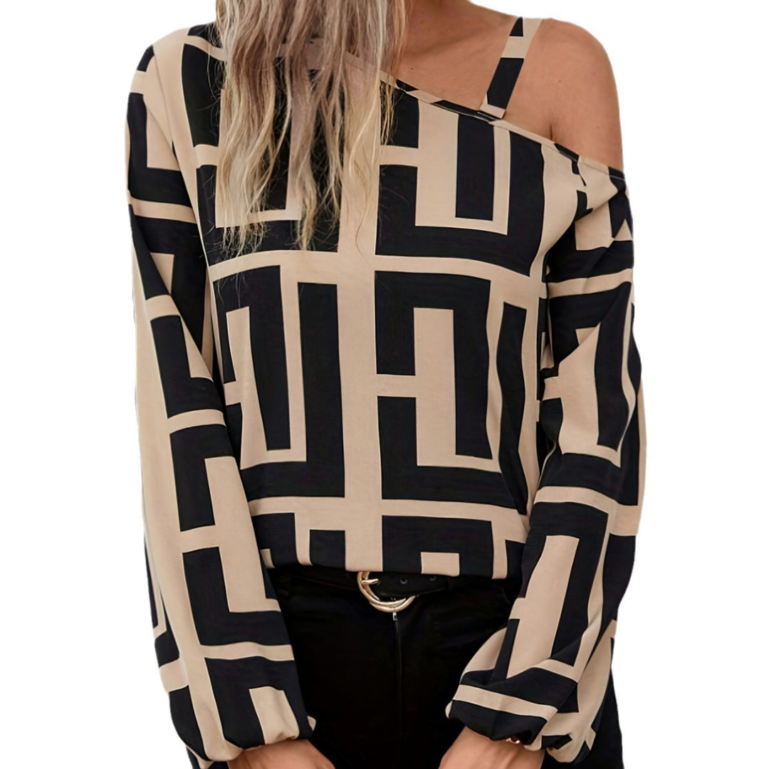 Kvinders trendy top med asymmetrisk snit og grafisk mønster Stilla