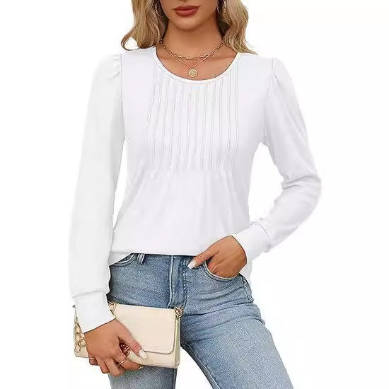 Dame elegant langærmet bluse skjorte med rynk Stilla