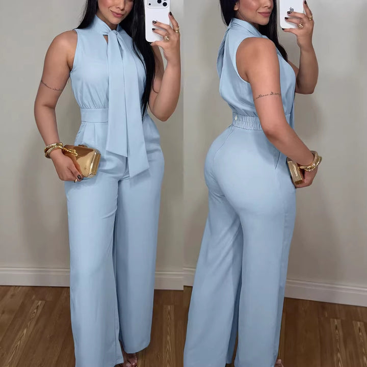 Dame elegant jumpsuit med flydende snit og bindbart krave Skovae