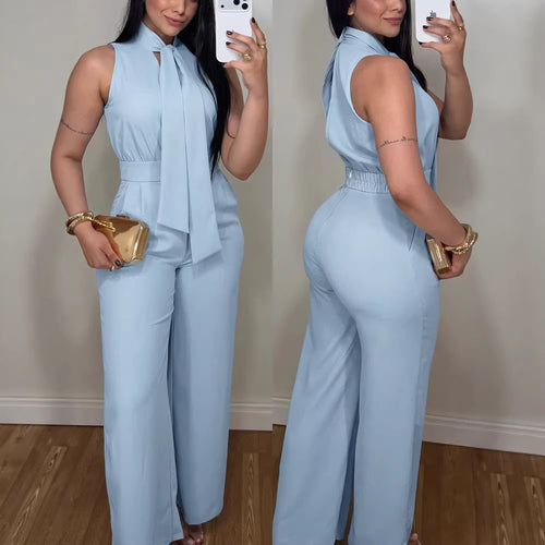 Dame elegant jumpsuit med flydende snit og bindbart krave Skovae