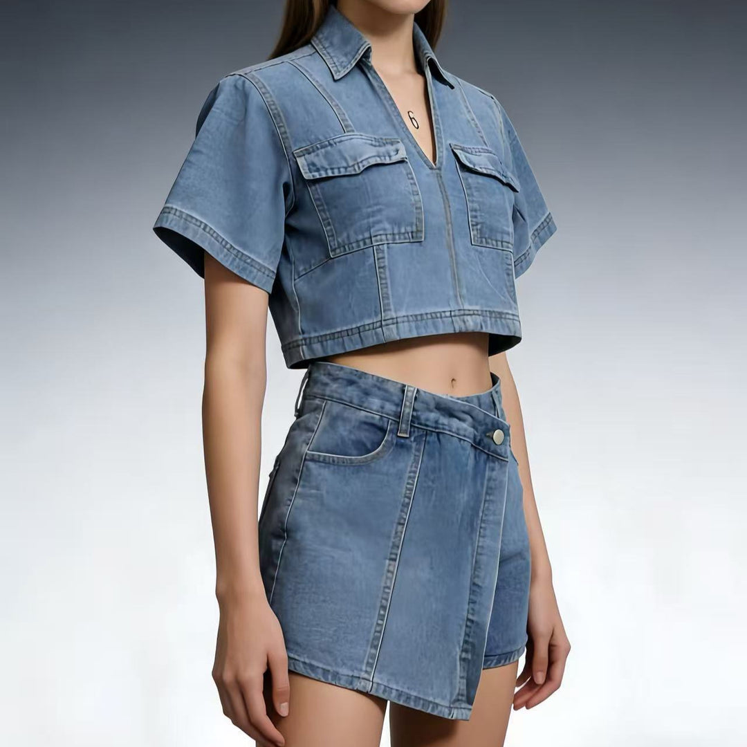 Dame stilfuld cropped skjorte med påsyede lommer og afslappede shorts Skovae