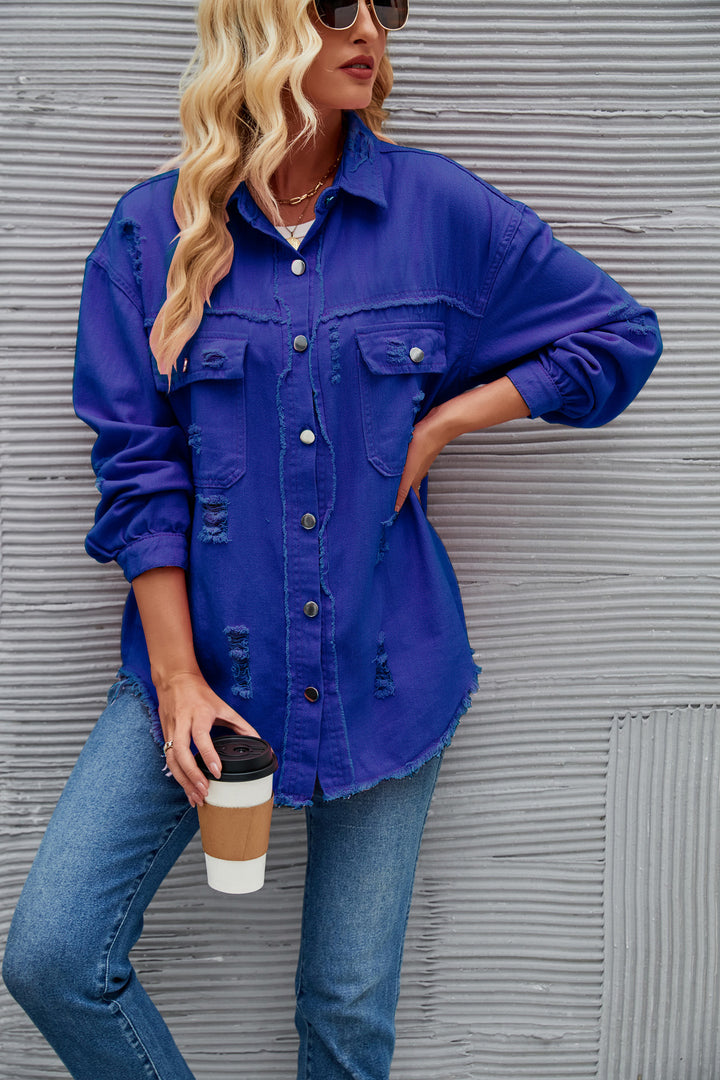 Dame Oversized Denim-Skjortejakke med frynse-detaljer Stilla