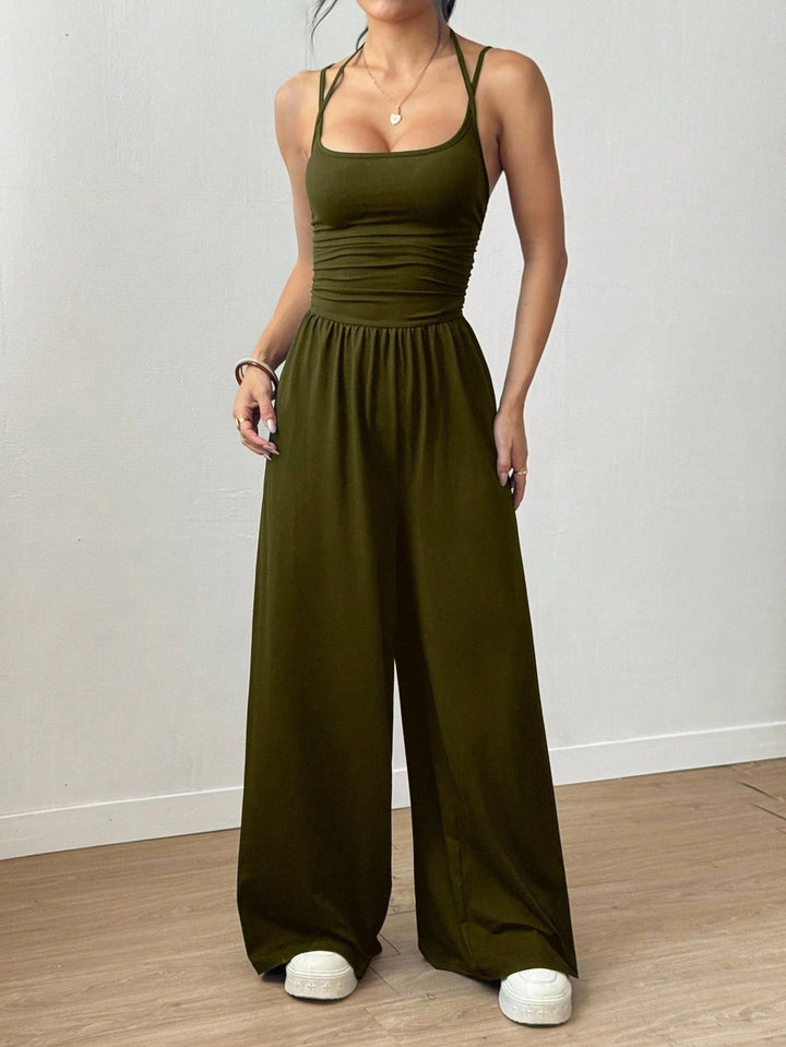 Dame luftig jumpsuit med høj talje og justerbare stropper Skovae