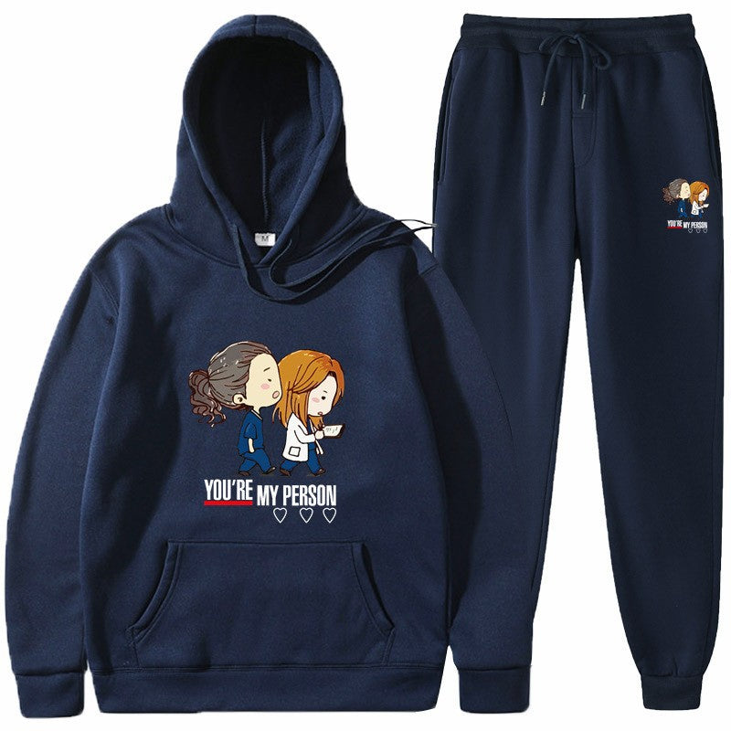 Dame Hoodie og Joggingbukser Sæt med Originalt Tegneserie Design Skovae