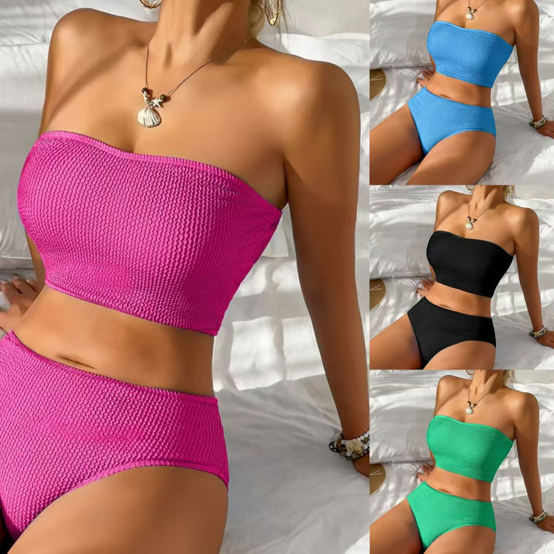 Dame Bandeau-bikini i strikkedesign med høj talje Stilla
