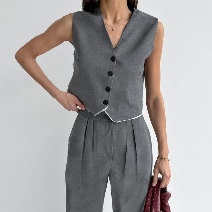 Dame cropped Blazer-sæt med stilfuld ståkrave og elegante knapdetaljer Stilla