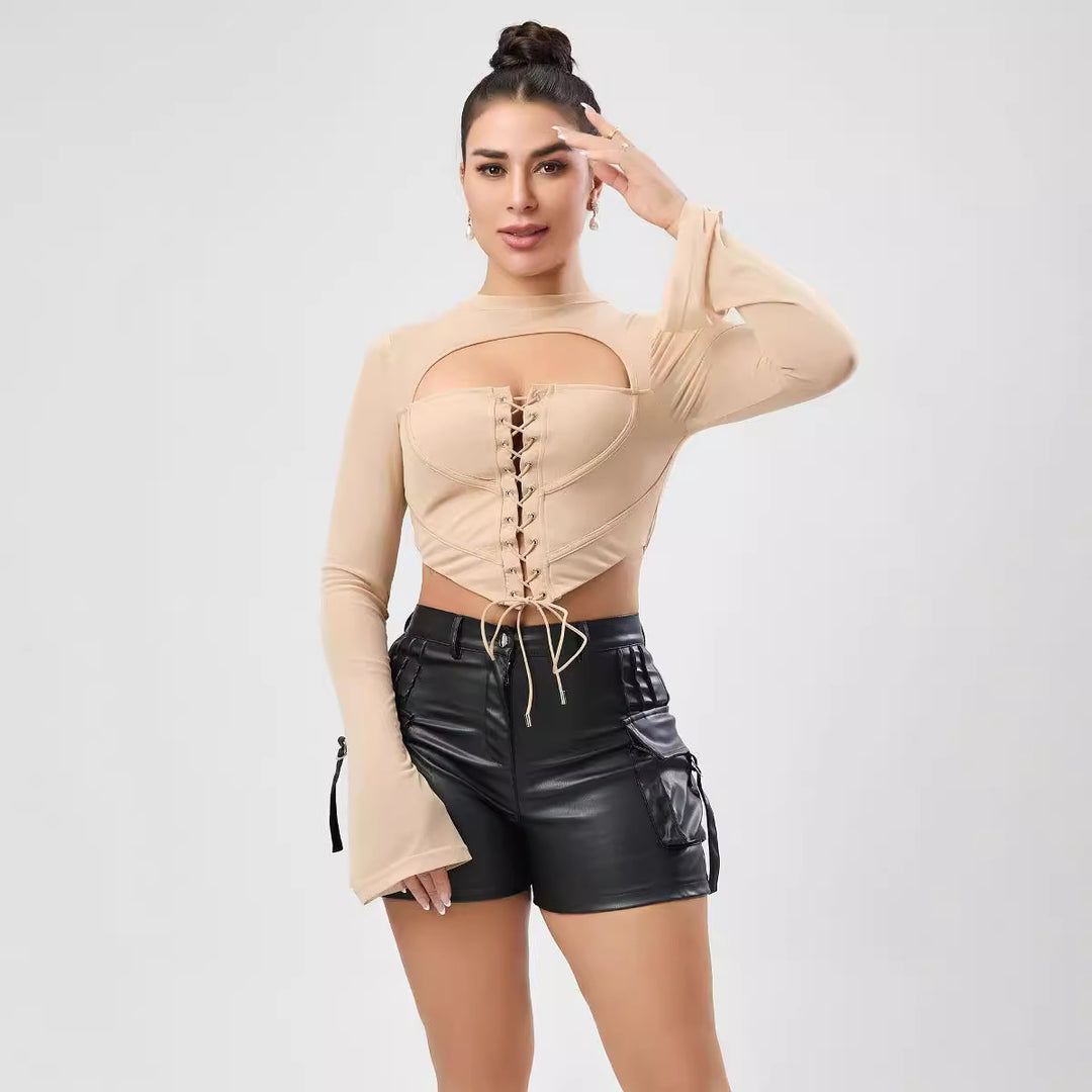 Dame trendy cropped top med cut-outs og snøring Stilla