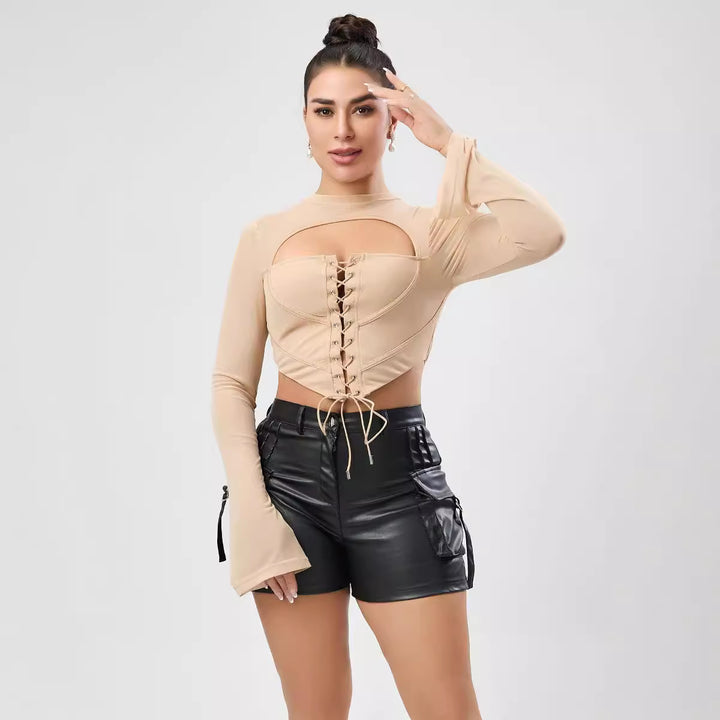 Dame trendy cropped top med cut-outs og snøring Stilla
