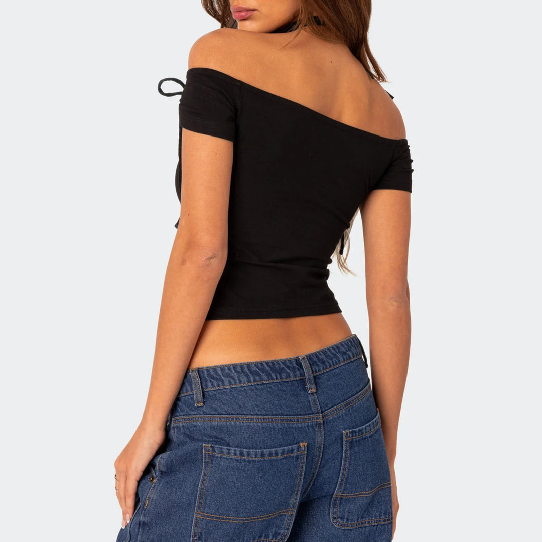 Dame raffineret Off-Shoulder T-shirt med elegante bindebånd Skovae