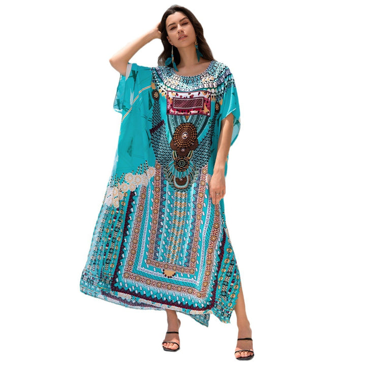 Dame Maxi-Kaftan med moderne etnisk design og elegant V-udskæring Stilla