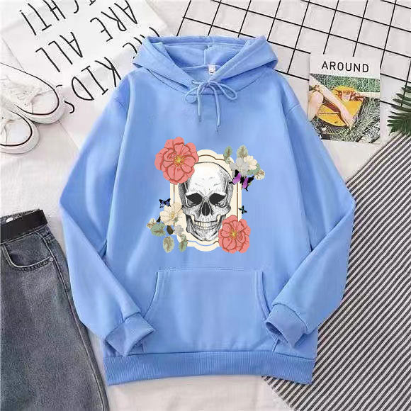 Kvindernes hættetrøje med kreativt kranium og blomst design Skovae