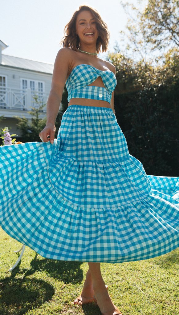 Ladies to-delt gingham stil sæt med crop top og voluminøs nederdel Stilla