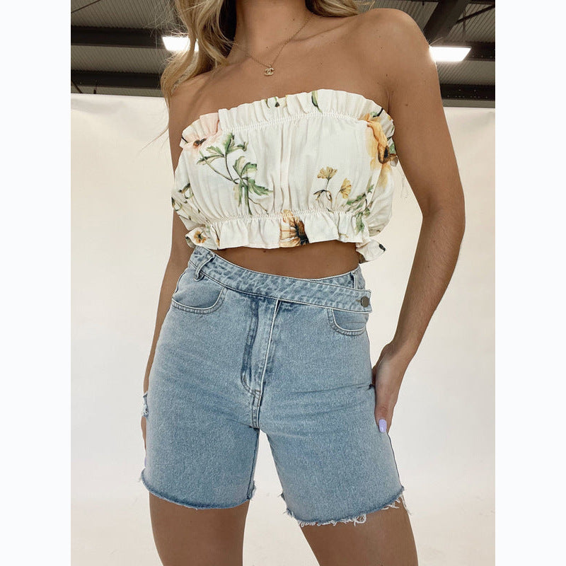 Dame Bustier-top med flæsedetaljer og blomsterdesign Stilla