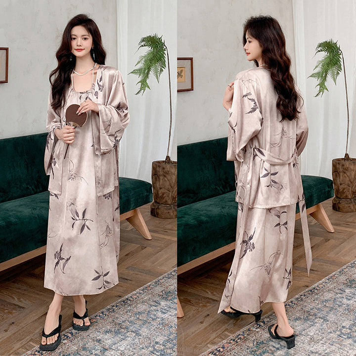 Dame Satin Kimono-robe med elegant blomsterdesign og taljebælte Stilla