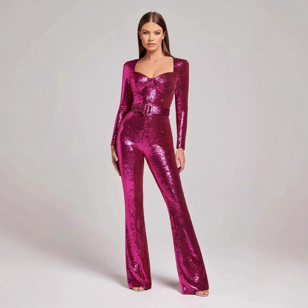 Damer Glitrende Jumpsuit med vide ben og taljebælte Stilla