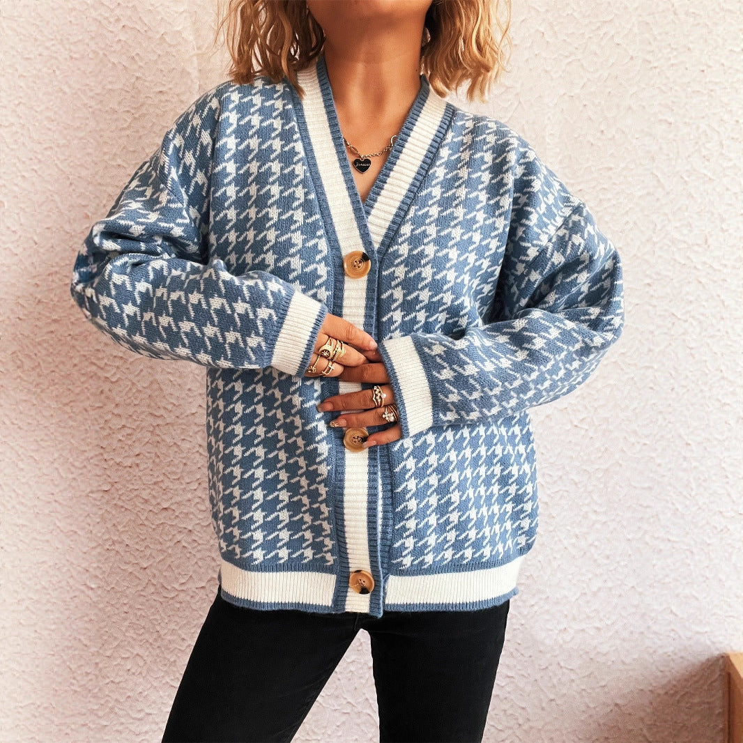Kvinders cardigan med klassisk houndstooth mønster og store knapper Stilla